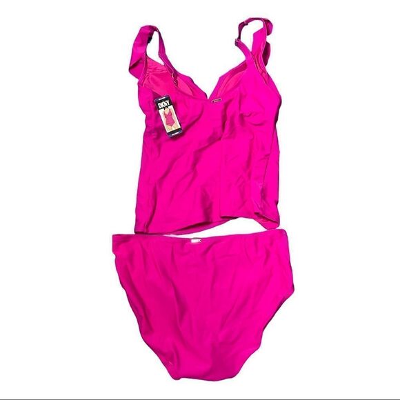 ☀️☀️☀️ DKNY FUSCIA Ruffle Tankini with Full Coverage Bottom - Picture 9 of 12